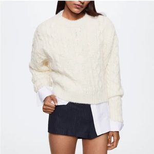 Mango Cropped Cable Knit Sweater in Cream